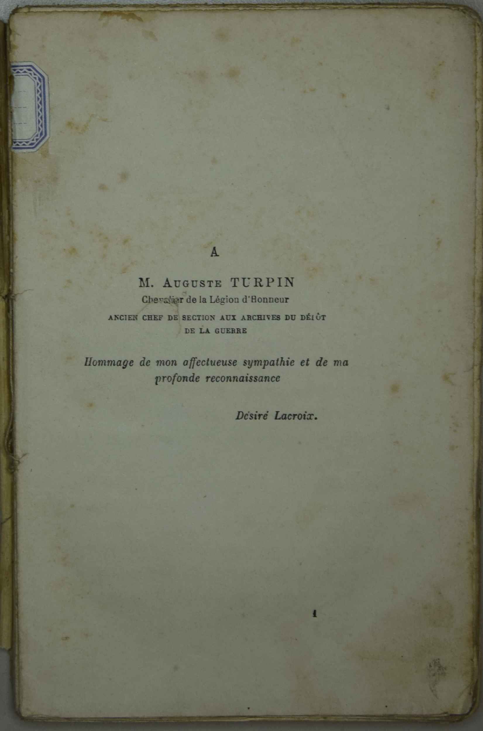 Dédicace de l'auteur à M. Augustin Turpin