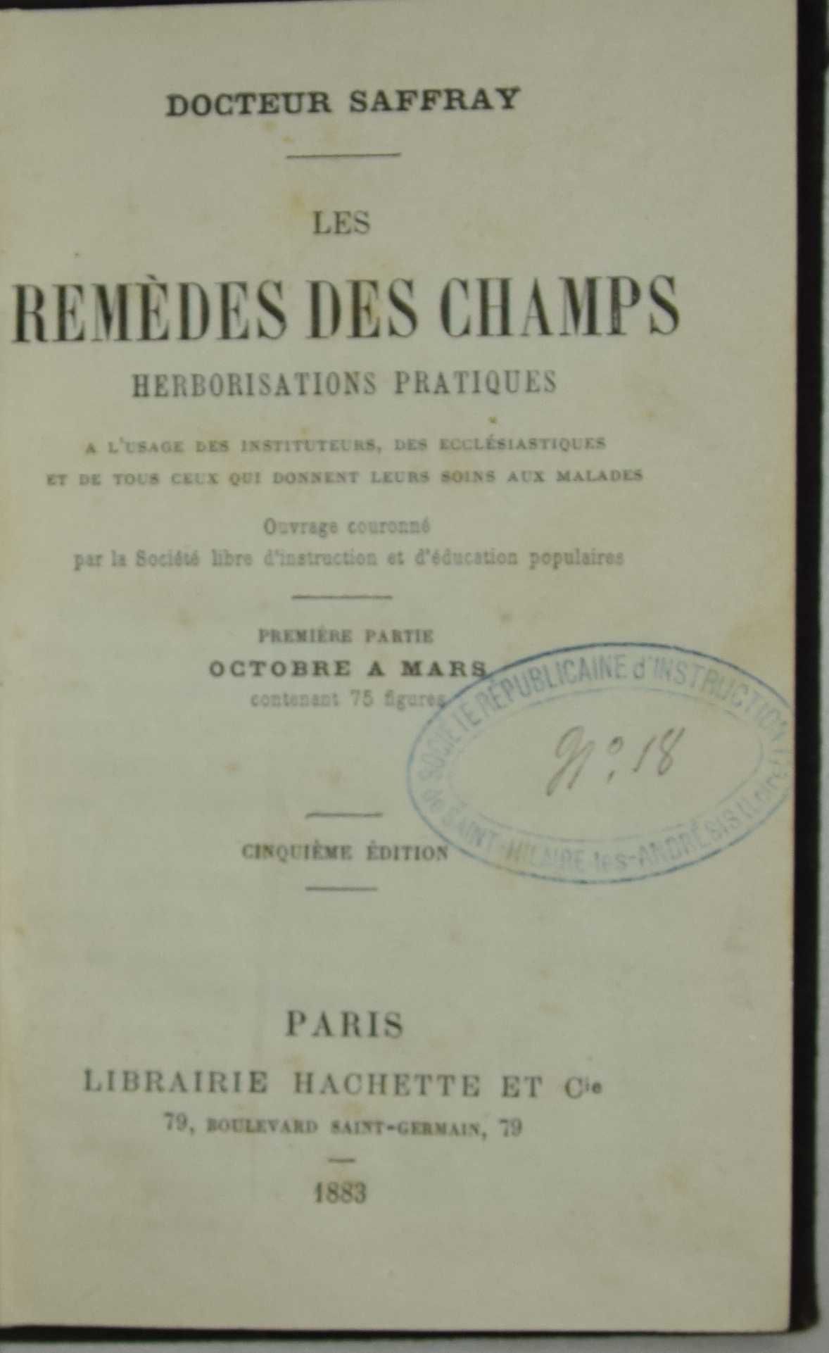 Page de titre: Remèdes des champs, Première partie: Octobre à mars.