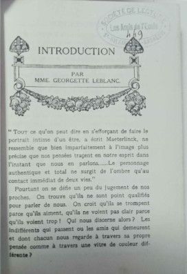 Première page de l'ouvrage, Introduction par Madame Goergette Leblanc.