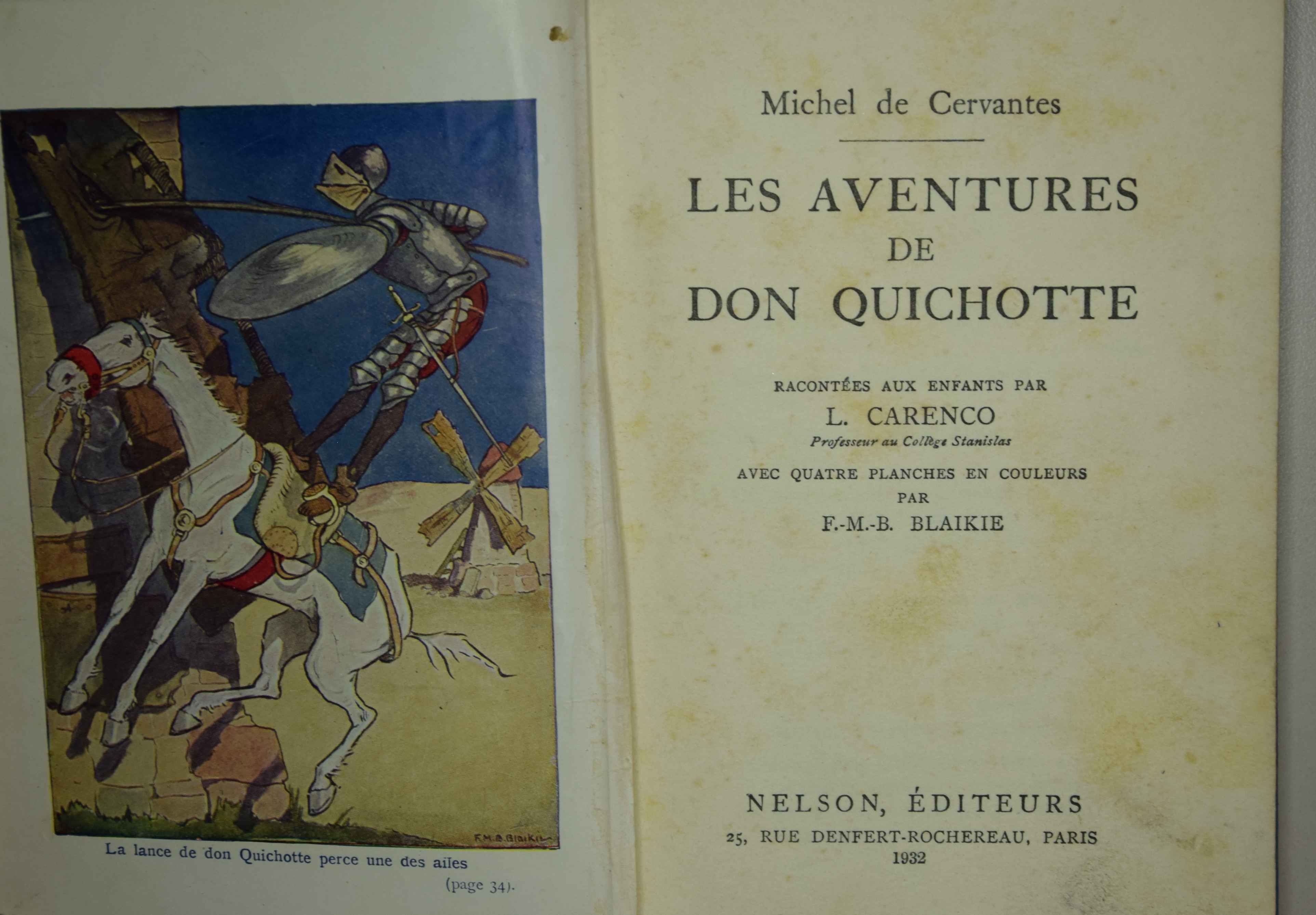 Page de titre avec le dessin couleur de : La lance de Don Quichotte perce une des ailes, sur la page de gauche.