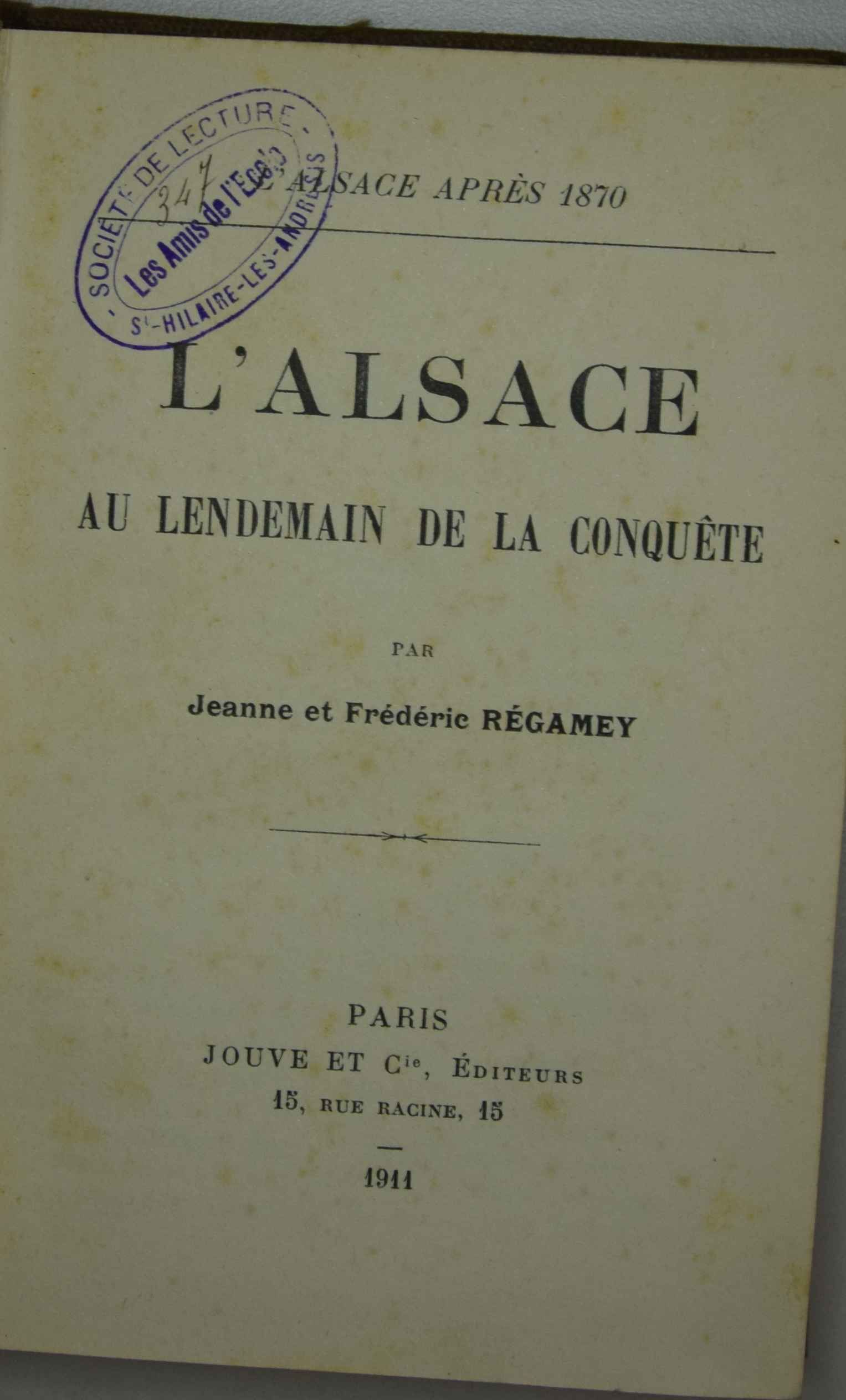 Page de titre: L'alsace au lendemain de la conquête