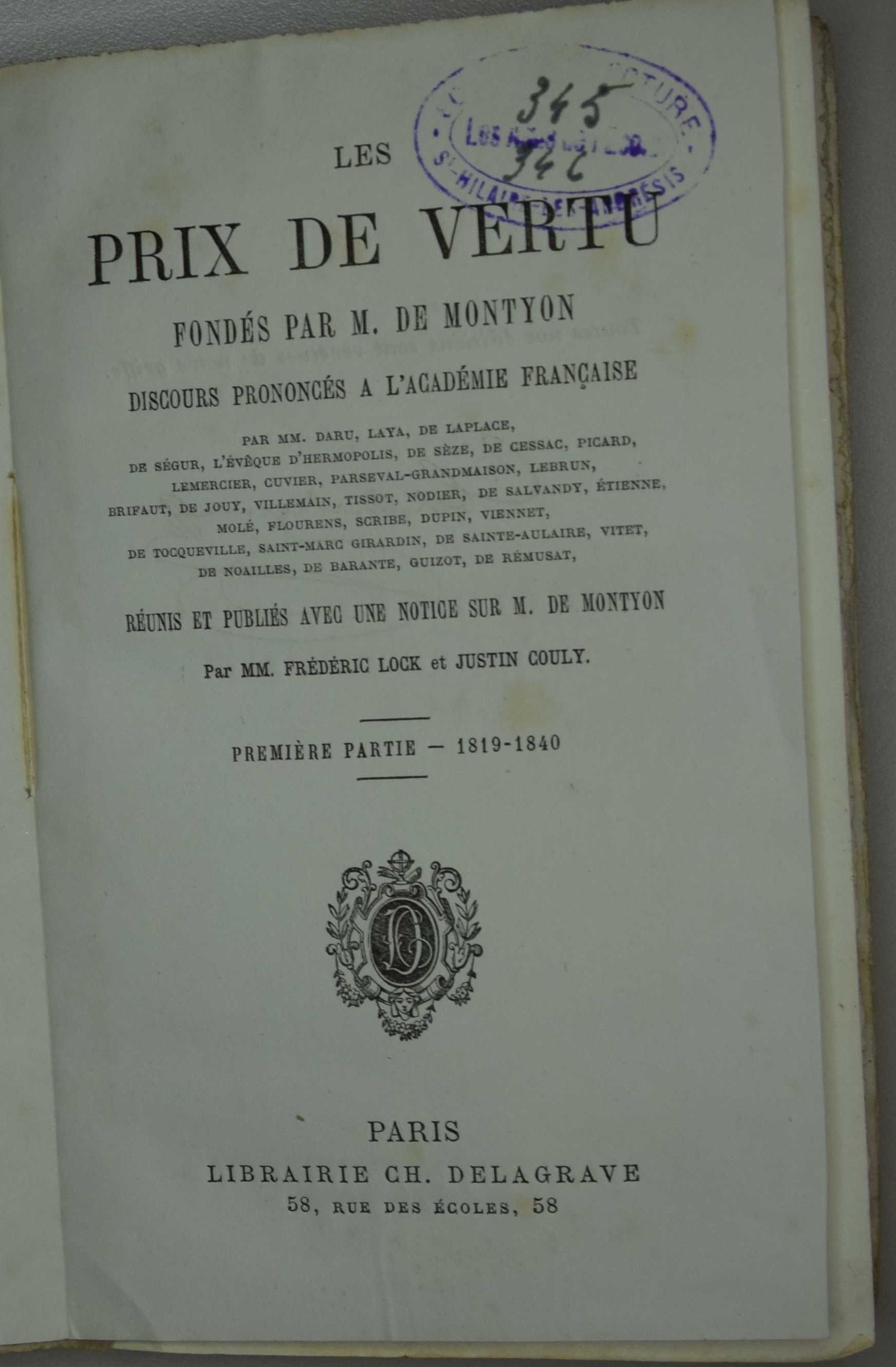 Page de titre avec le tampon des Amis de l'école