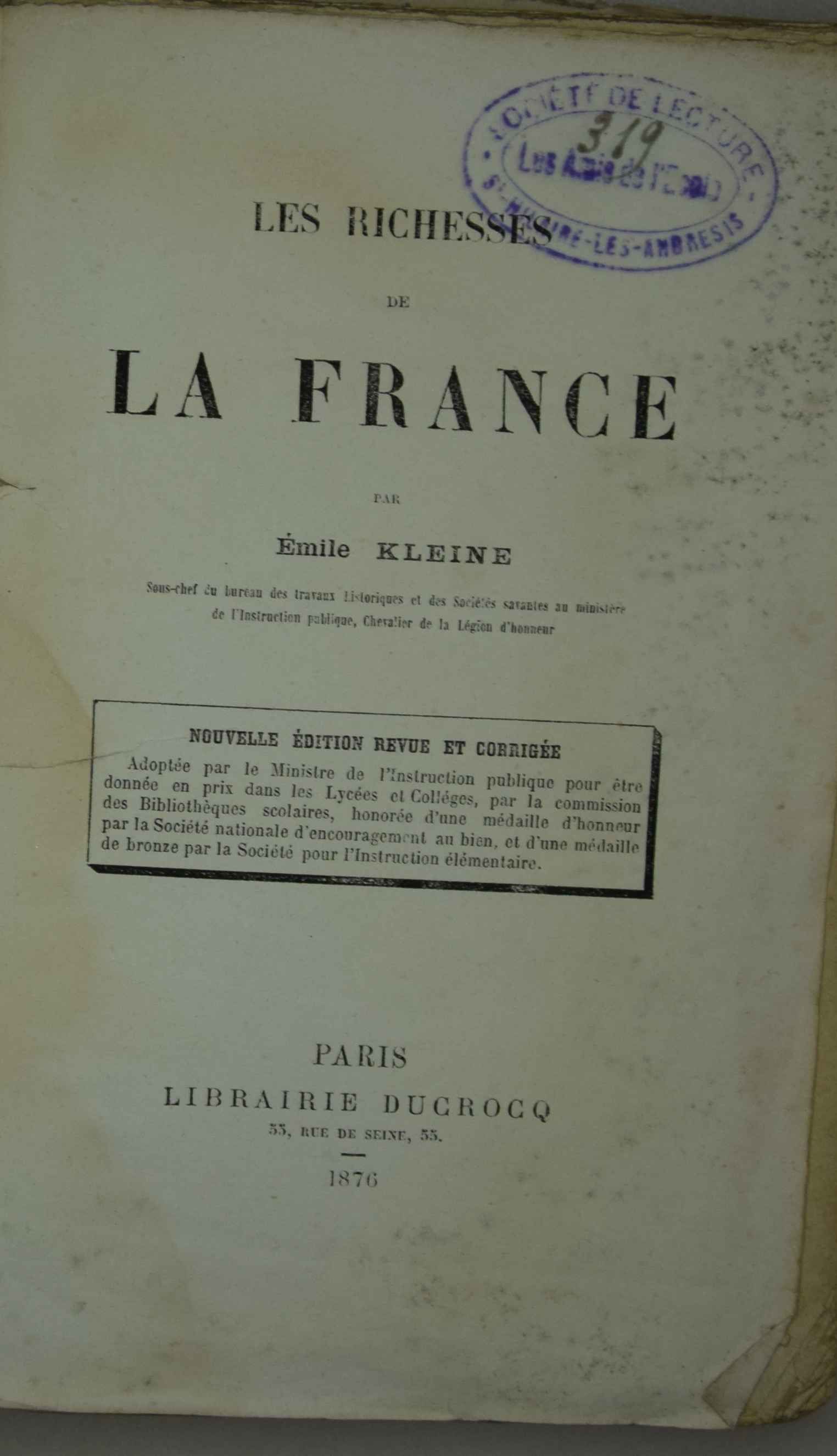 Page de titre avec le tampon des Amis de l'école