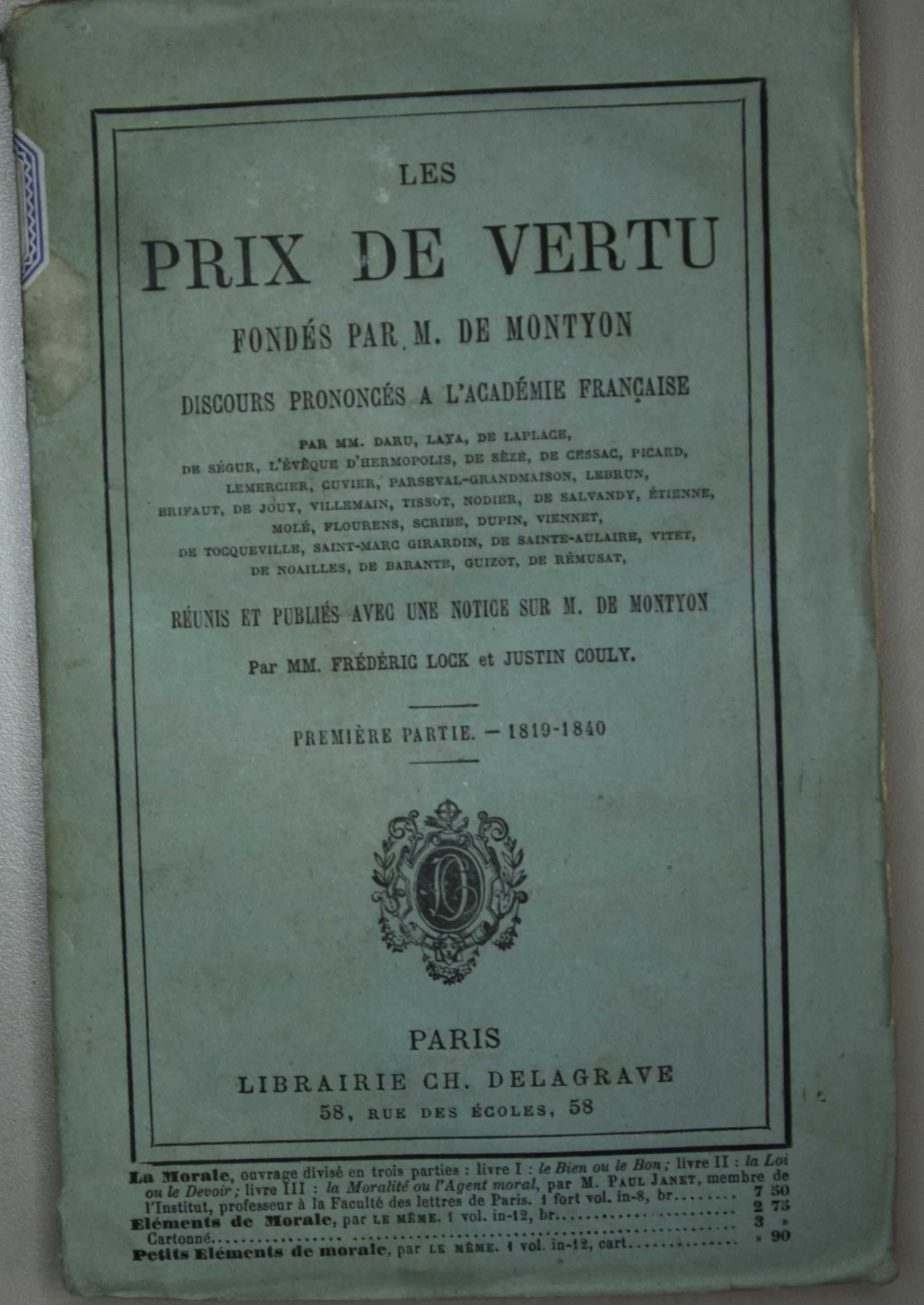 Les prix de Vertu fondés par M. de Montyon